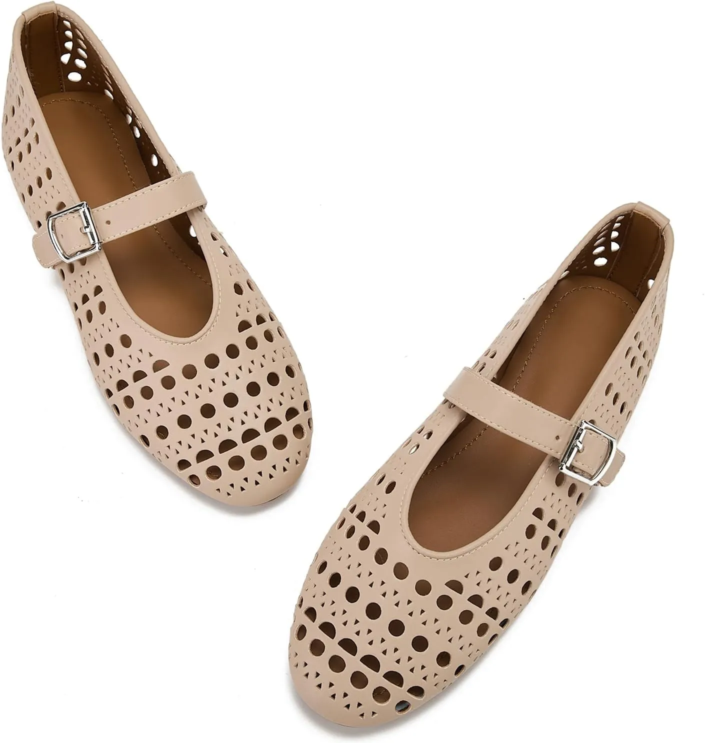 Hollow Ballet Flats Shoes for Women Breathable Hole Round Toe Ballerina Flats Fashion Women's Adjustable Buckle Strap Mary Jane Flats Comfortable Casual Dress