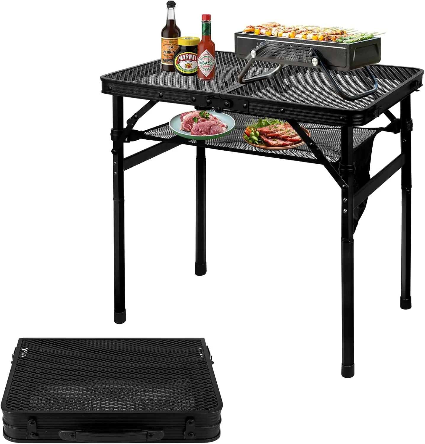 Honagu Folding Grill Table, Height Adjustable Metal Picnic Outdoor Table, Portable Camping Table for Outdoor Camping, Picnic, Patio, Dining, BBQ, Party, Small 23.6×15.7 inch
