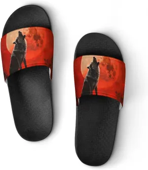 Howling Wolf Red Moon Novelty Slippers Slides Sandals Shower Home House Shoes Non-Slip Soft Sole Shoe For Men Women Bathroom