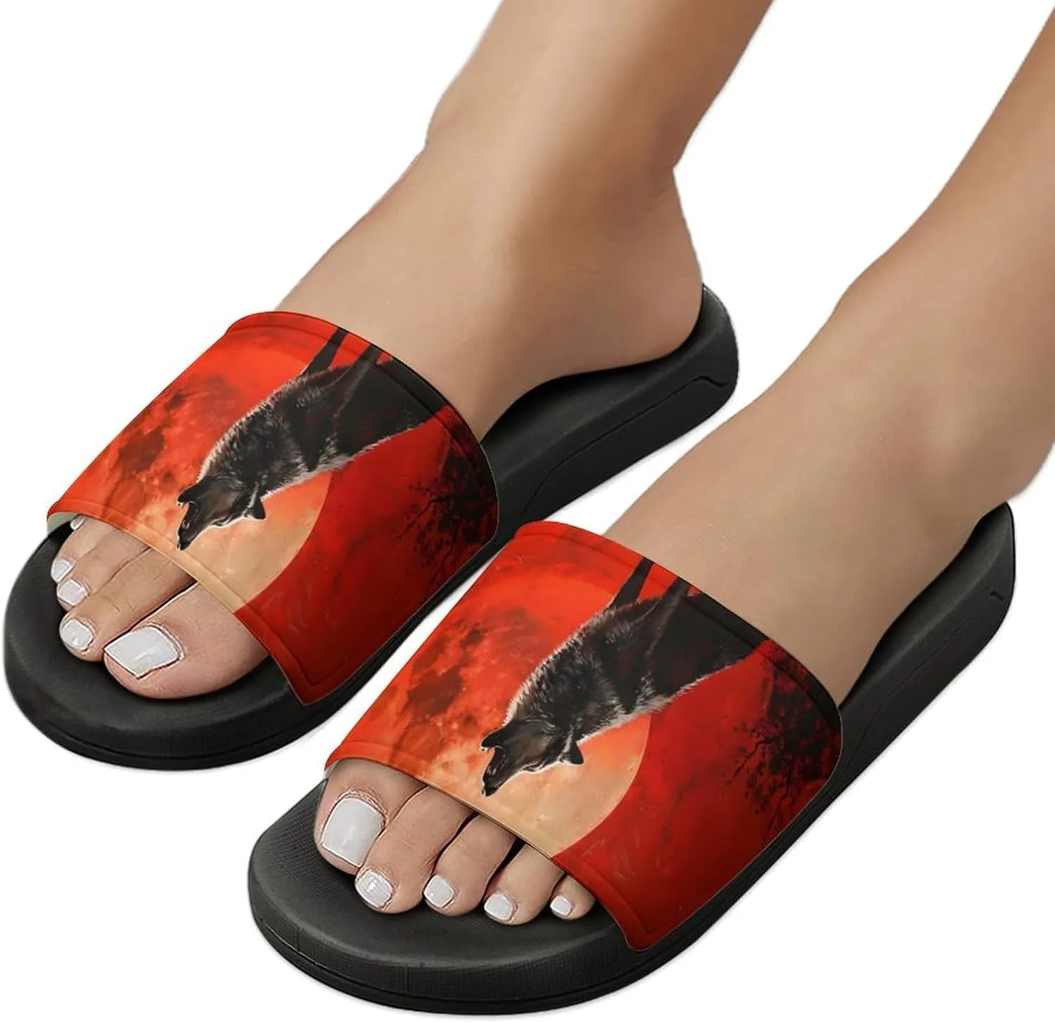 Howling Wolf Red Moon Novelty Slippers Slides Sandals Shower Home House Shoes Non-Slip Soft Sole Shoe For Men Women Bathroom