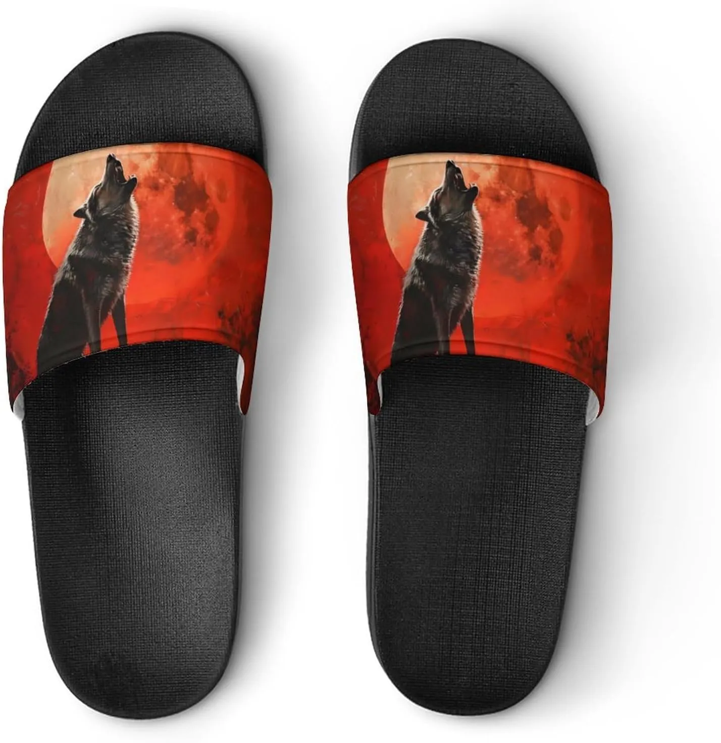 Howling Wolf Red Moon Novelty Slippers Slides Sandals Shower Home House Shoes Non-Slip Soft Sole Shoe For Men Women Bathroom