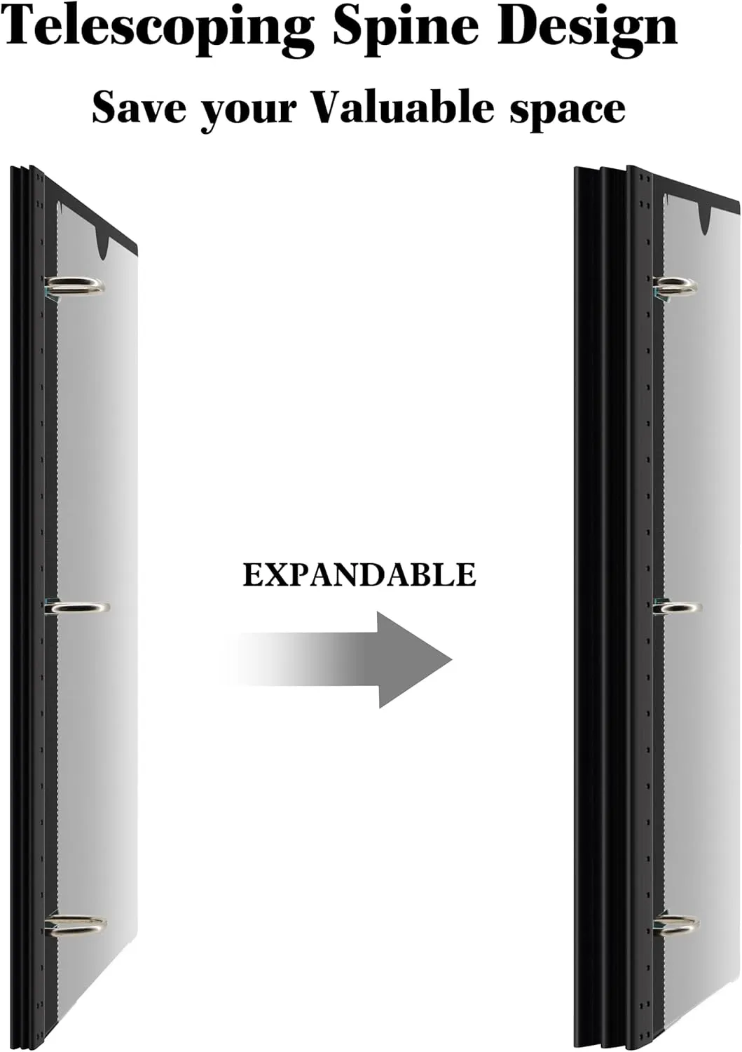 INFUN 1 Inch Telescoping 3 Ring Binder - 12 PCS-Black, Flexible Binders with Customizable Front Cover and Clear Catalog Pocket,1 inch Binders 3 Ring, 225 Sheet Capacity