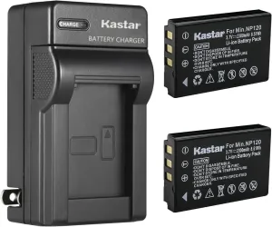 Kastar 2-Pack Battery and AC Wall Charger Replacement for Minolta NP-120 Battery, Minolta MN80NV, MN88NV, MN90NV, MN200NV, MN220NV 1080p Full HD, MN4K40NV 4K Ultra HD 30 MP IR Night Vision Camcorder