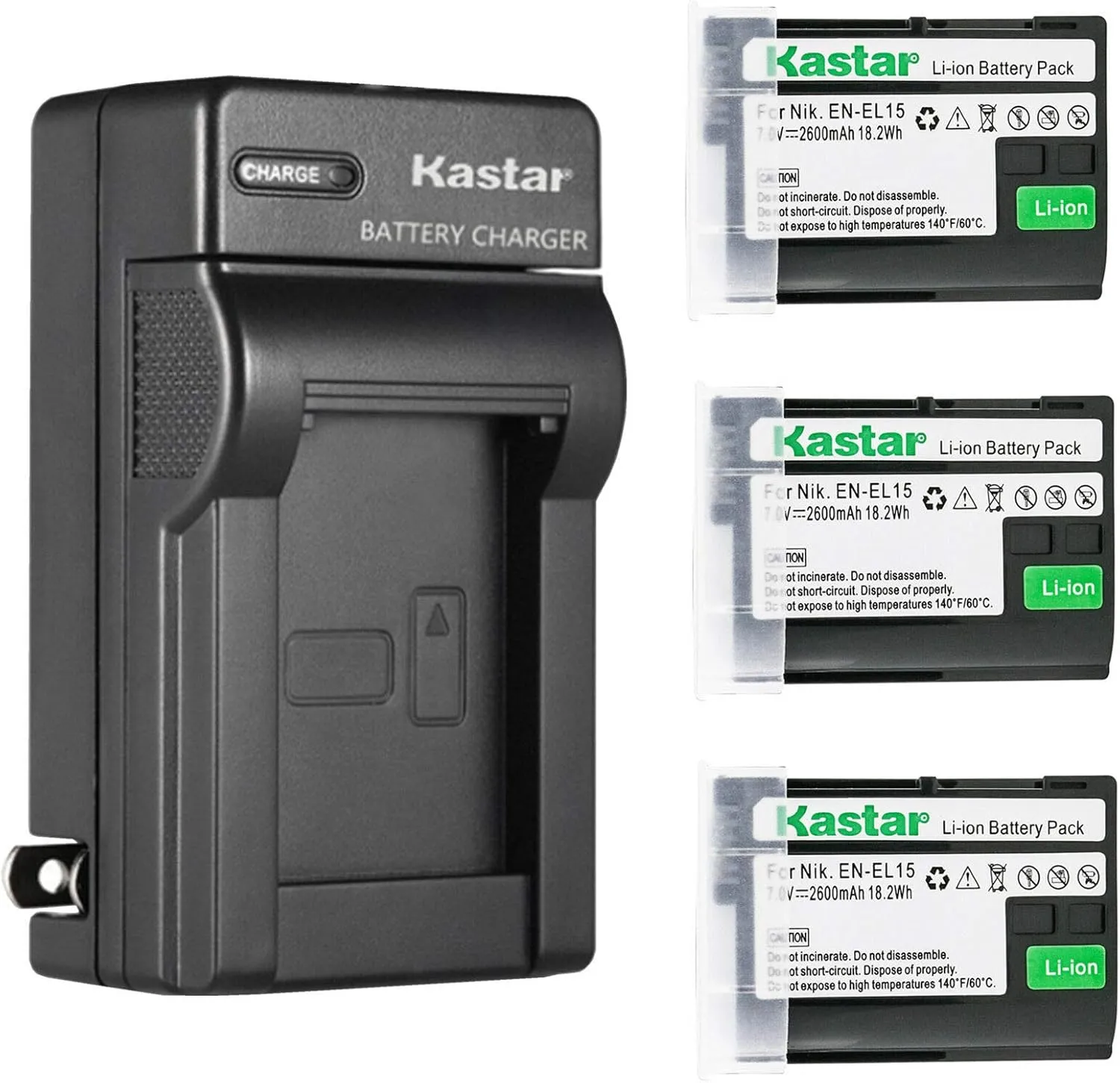 Kastar 3-Pack Battery and AC Wall Charger Replacement for Nikon EN-EL15 EN-EL15a EN-EL15b EN-EL15e Battery, MH-25 MH-25a MH-25b Charger, Nikon MB-D11, MB-D12, MB-D14, MB-D15, MB-D16, MB-D18 Camera