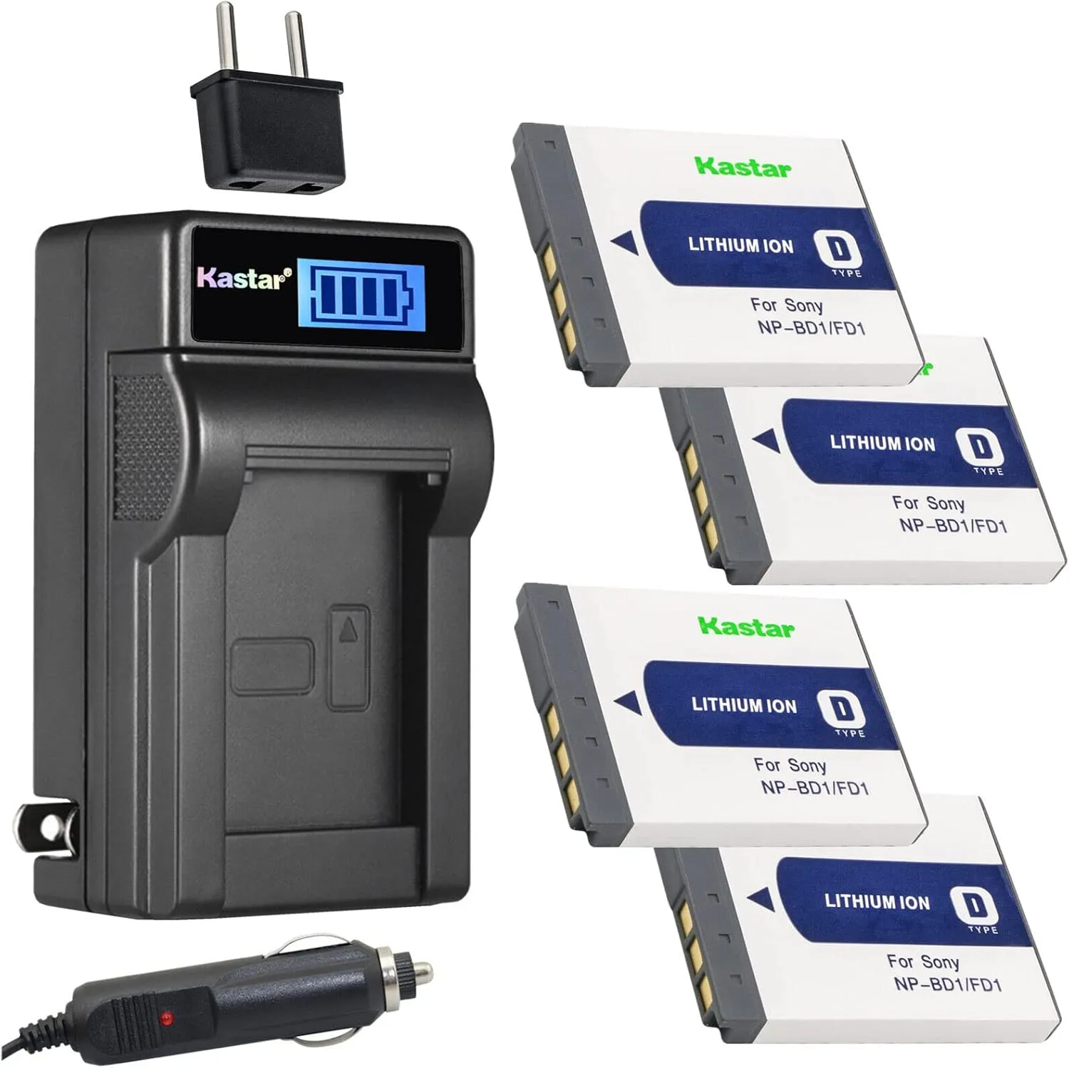 Kastar 4-Pack NP-BD1 Battery and LCD AC Charger Compatible with Sony Cyber-Shot DSC-T90, Cyber-Shot DSC-T200, Cyber-Shot DSC-T300, Cyber-Shot DSC-T500, Cyber-Shot DSC-T700 Cameras
