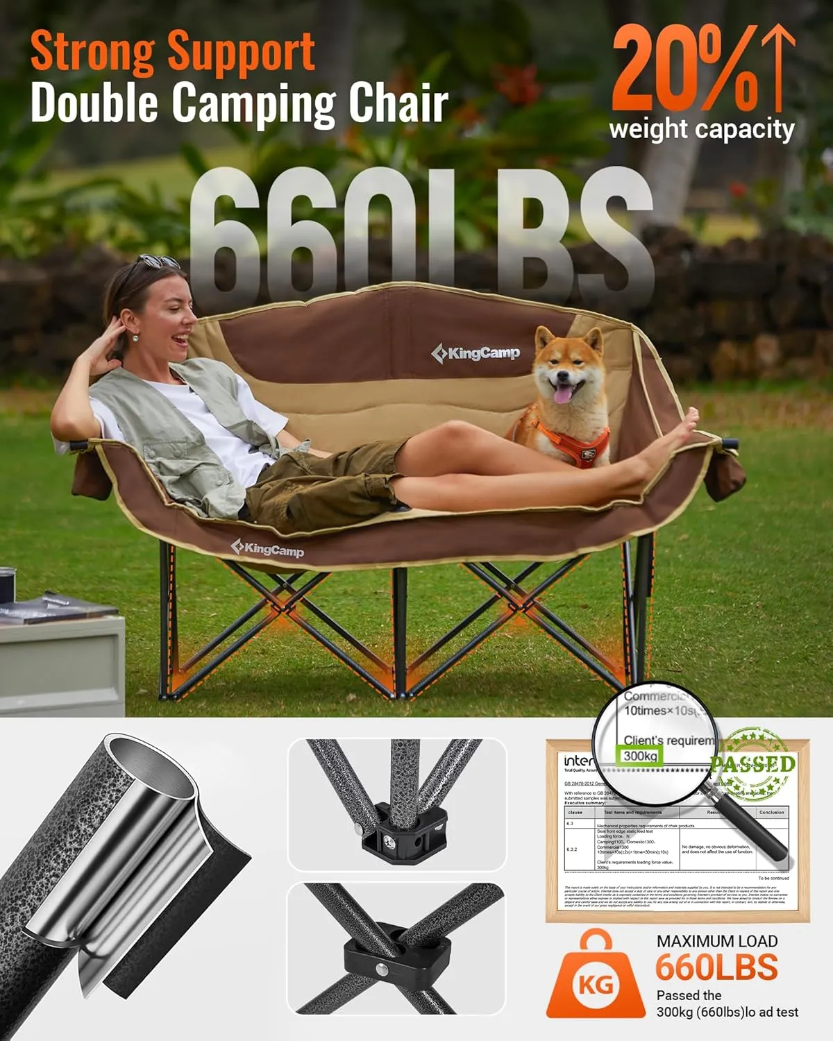 KingCamp Double Camping Chair, Oversized Heavy Duty Loveseat for Adults Portable Folding XL 2 Person Couch Padded Comfortable Two Seat with Cup Holder for Outdoor Lawn Backyard