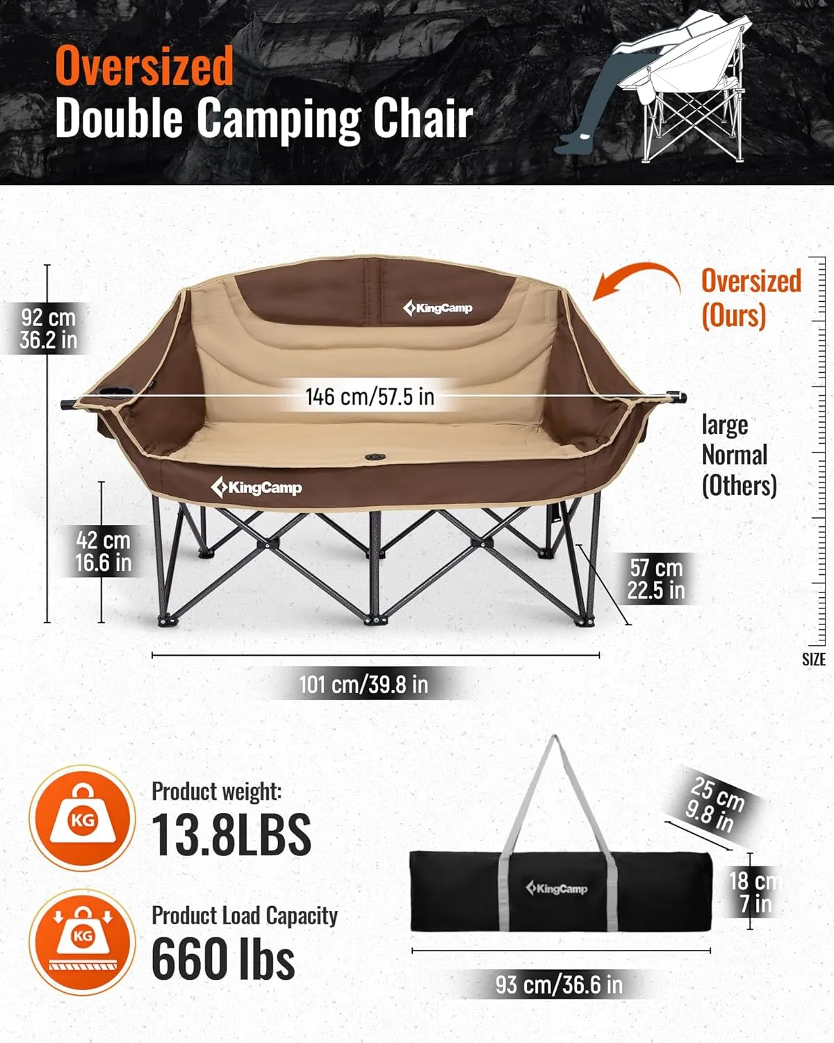 KingCamp Double Camping Chair, Oversized Heavy Duty Loveseat for Adults Portable Folding XL 2 Person Couch Padded Comfortable Two Seat with Cup Holder for Outdoor Lawn Backyard