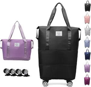 Klarson Expandable Bag with Wheels, Expandable Bag with Wheels, Expandable Rolling Duffel Bag, Foldable Suitcase without Handle (Black)