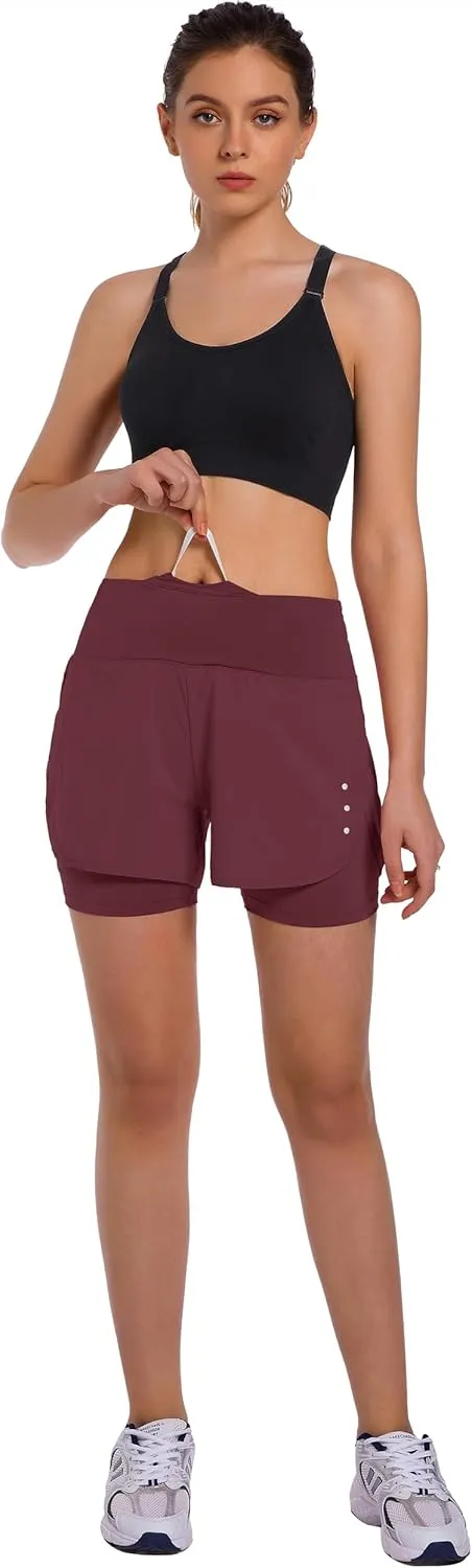 Ksmien Women's 2 in 1 Running Shorts - Lightweight Athletic Workout Gym Yoga Shorts Liner with Phone Pockets