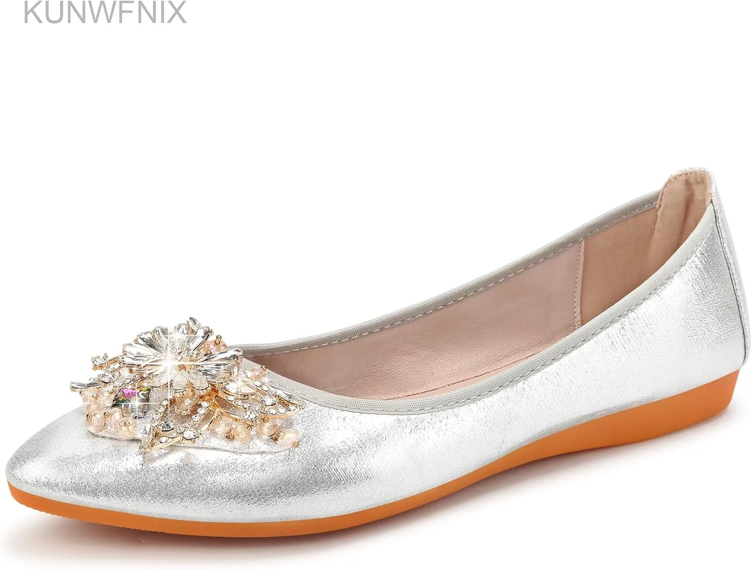 KUNWFNIX Women's Ballet Flats Foldable Classic Crown Rhinestone Slip On Flowers PU Leather Pointed Toe Comfort Flat Casual Dress Shoes