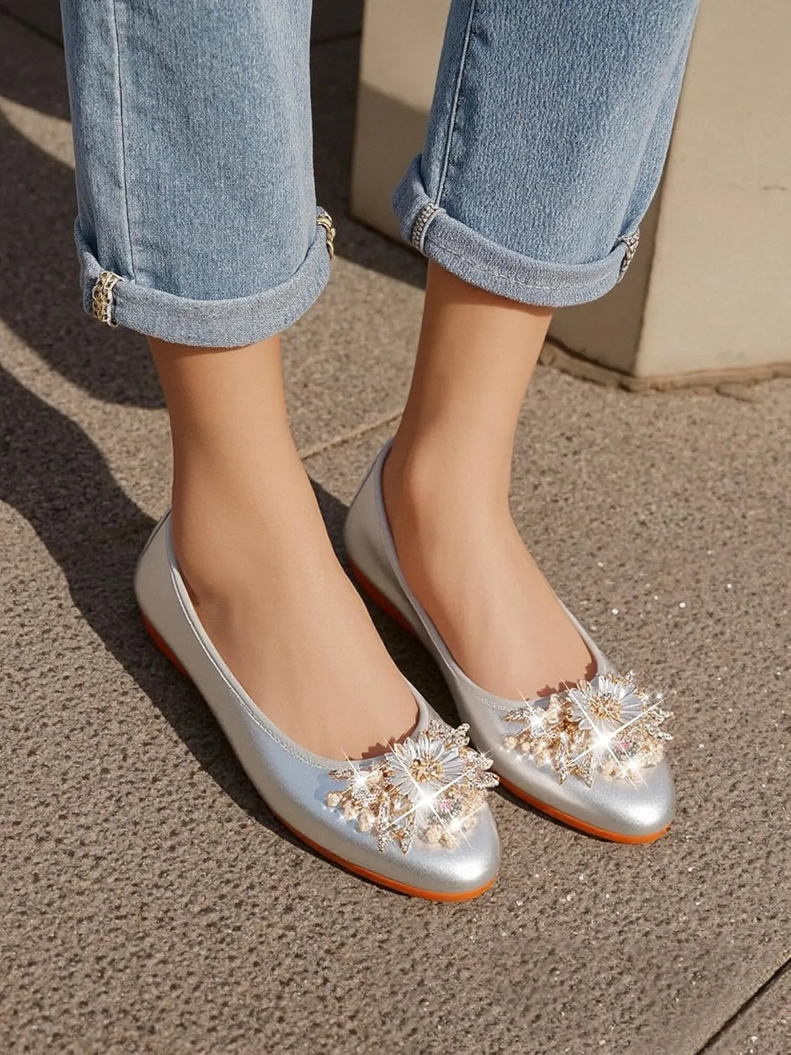 KUNWFNIX Women's Ballet Flats Foldable Classic Crown Rhinestone Slip On Flowers PU Leather Pointed Toe Comfort Flat Casual Dress Shoes
