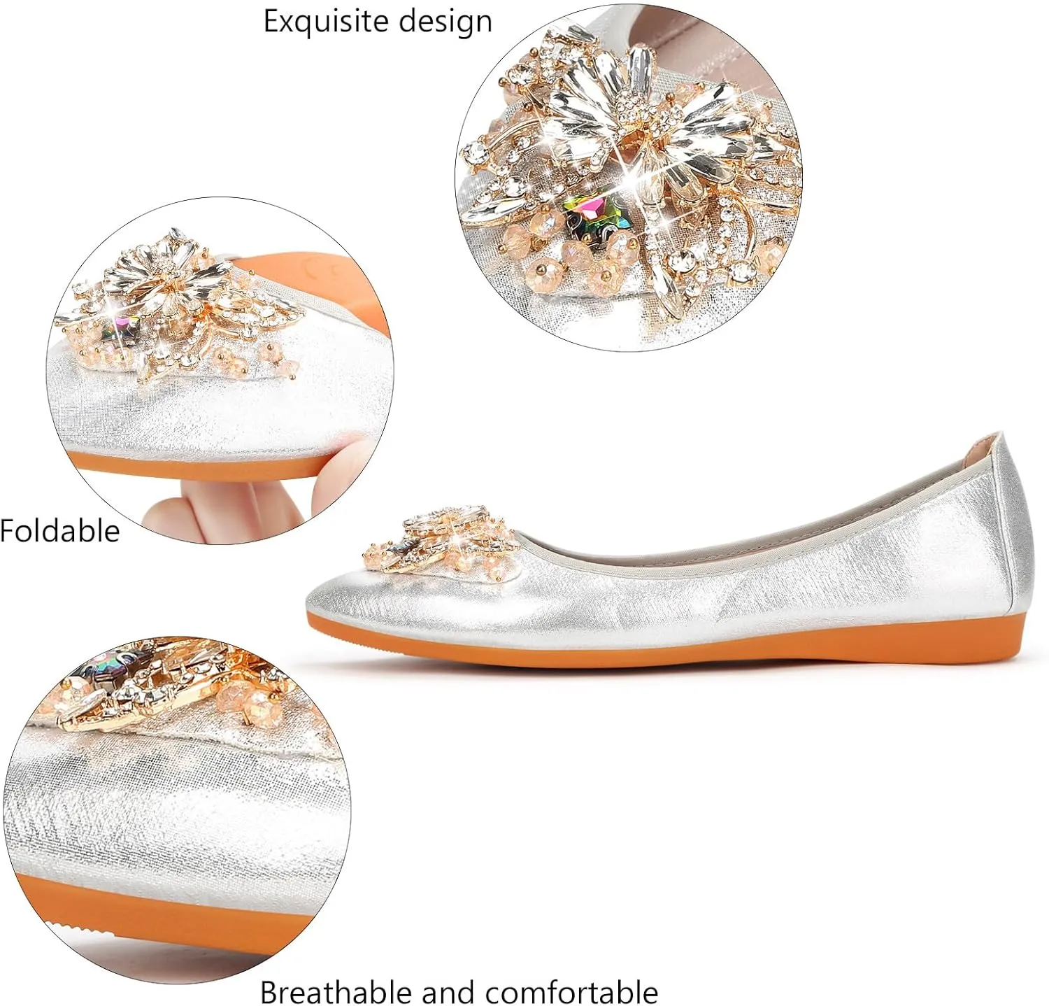 KUNWFNIX Women's Ballet Flats Foldable Classic Crown Rhinestone Slip On Flowers PU Leather Pointed Toe Comfort Flat Casual Dress Shoes