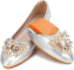 KUNWFNIX Women's Ballet Flats Foldable Classic Crown Rhinestone Slip On Flowers PU Leather Pointed Toe Comfort Flat Casual Dress Shoes