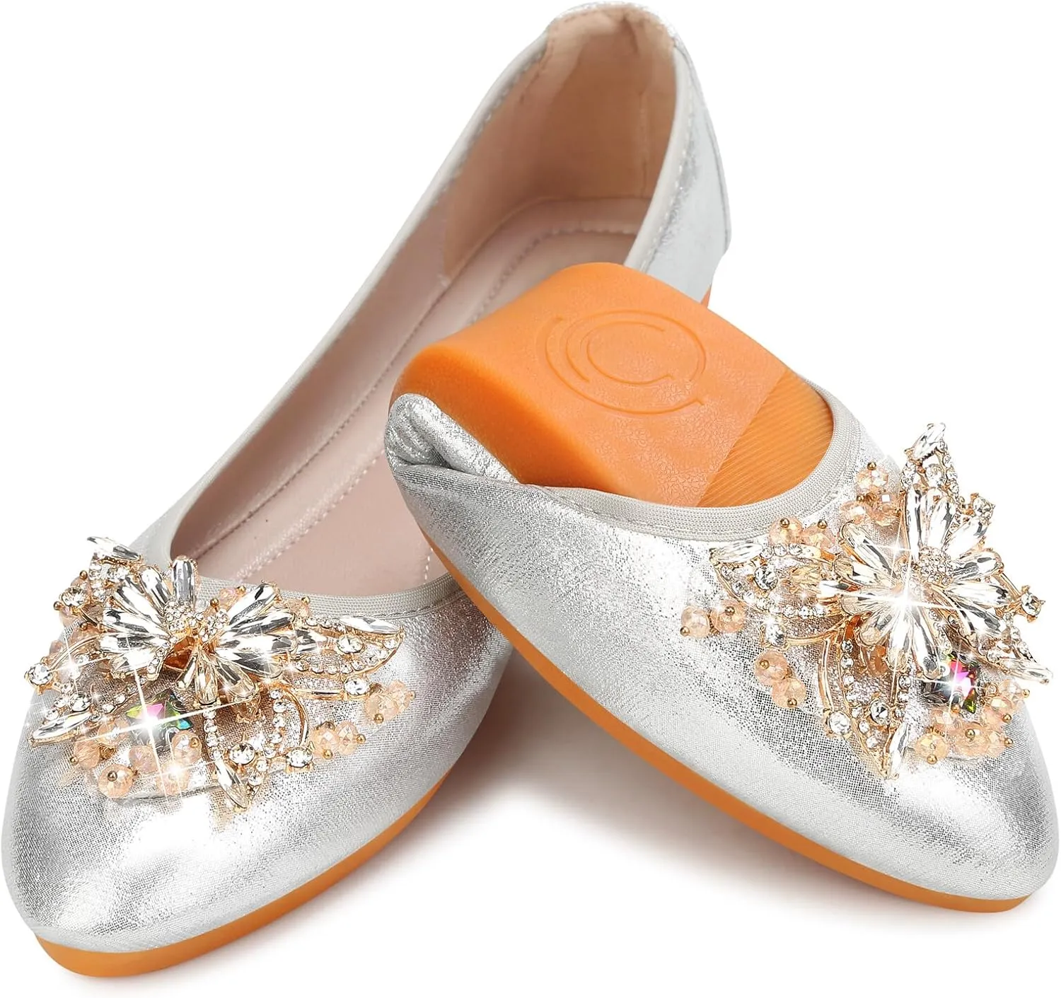 KUNWFNIX Women's Ballet Flats Foldable Classic Crown Rhinestone Slip On Flowers PU Leather Pointed Toe Comfort Flat Casual Dress Shoes
