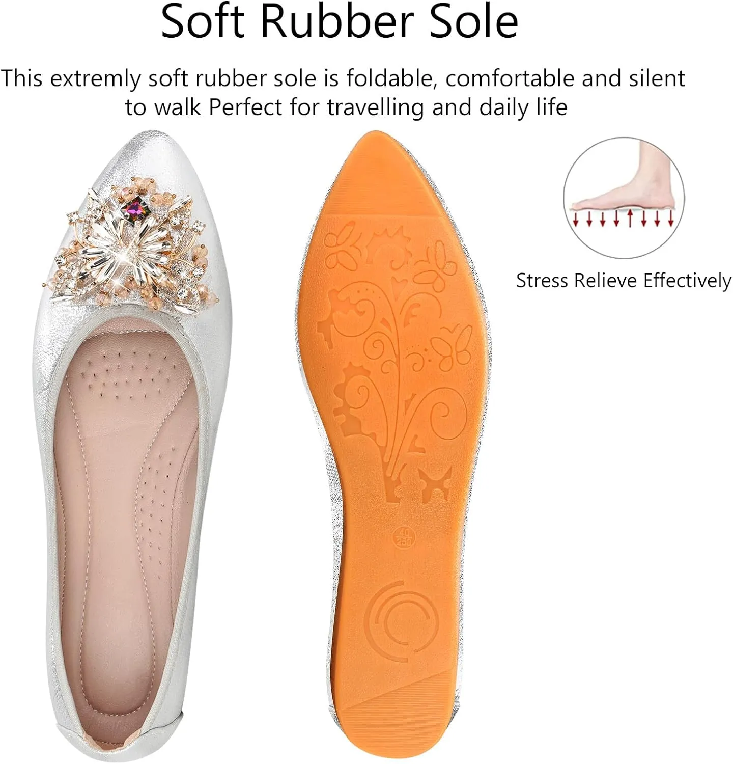 KUNWFNIX Women's Ballet Flats Foldable Classic Crown Rhinestone Slip On Flowers PU Leather Pointed Toe Comfort Flat Casual Dress Shoes