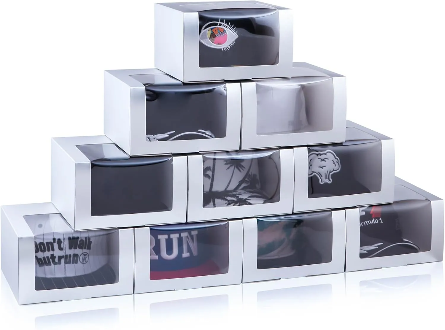LADYBRO Silver Gift Boxes with Window Display for Hat Storage Containter for Baseball Caps (Fitted, Snapbacks, Trucker) 7.8" x 7.8" x 4.8", 10 Pack