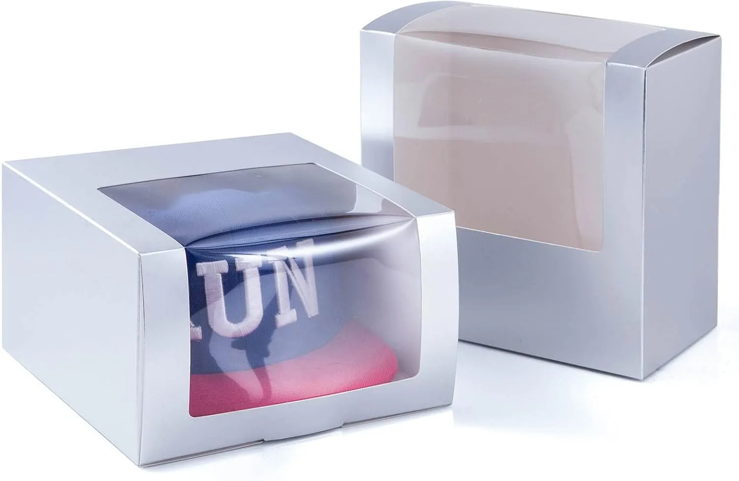 LADYBRO Silver Gift Boxes with Window Display for Hat Storage Containter for Baseball Caps (Fitted, Snapbacks, Trucker) 7.8" x 7.8" x 4.8", 10 Pack