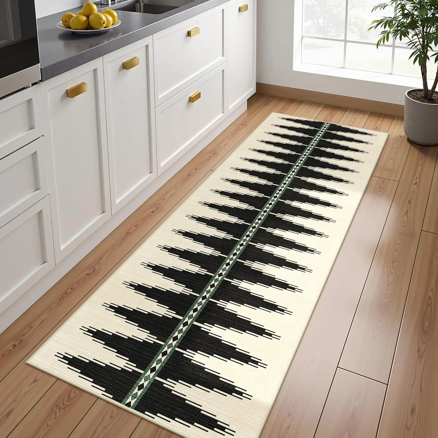Lahome Modern Rug Runners 2x6, Washable Black Kitchen Runners Non Slip Soft Hallway Runner Rug, Neutral Print Ultra-Thin Carpet Runner for Bathroom Bedroom (Black, 2'x6')