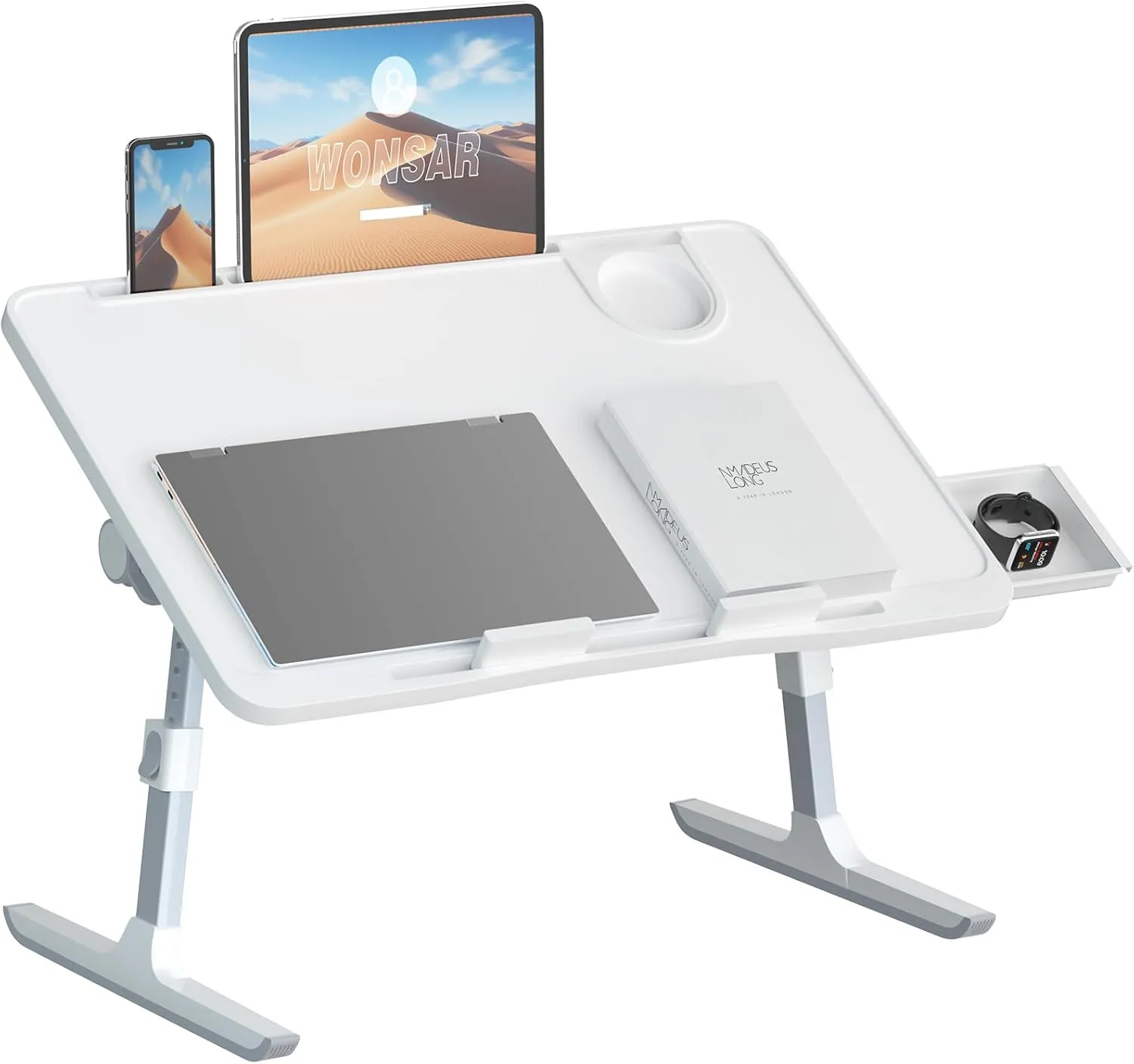 Lap Desk for Bed, Folding Laptop Stand for Bed Table, Adjustable Portable Laptop Bed Tray Desk with Storage Drawer Bookstand Cup Holder for Eating, Working, Writing in Sofa Couch Floor