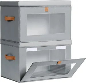 Large Closet Organizer Bins- Collapsible Storage Bins with Handles & Window, Decorative Storage Boxes with Lids, Fabric Storage Containers for Living Room, Dorm, 2 Pack, Grey