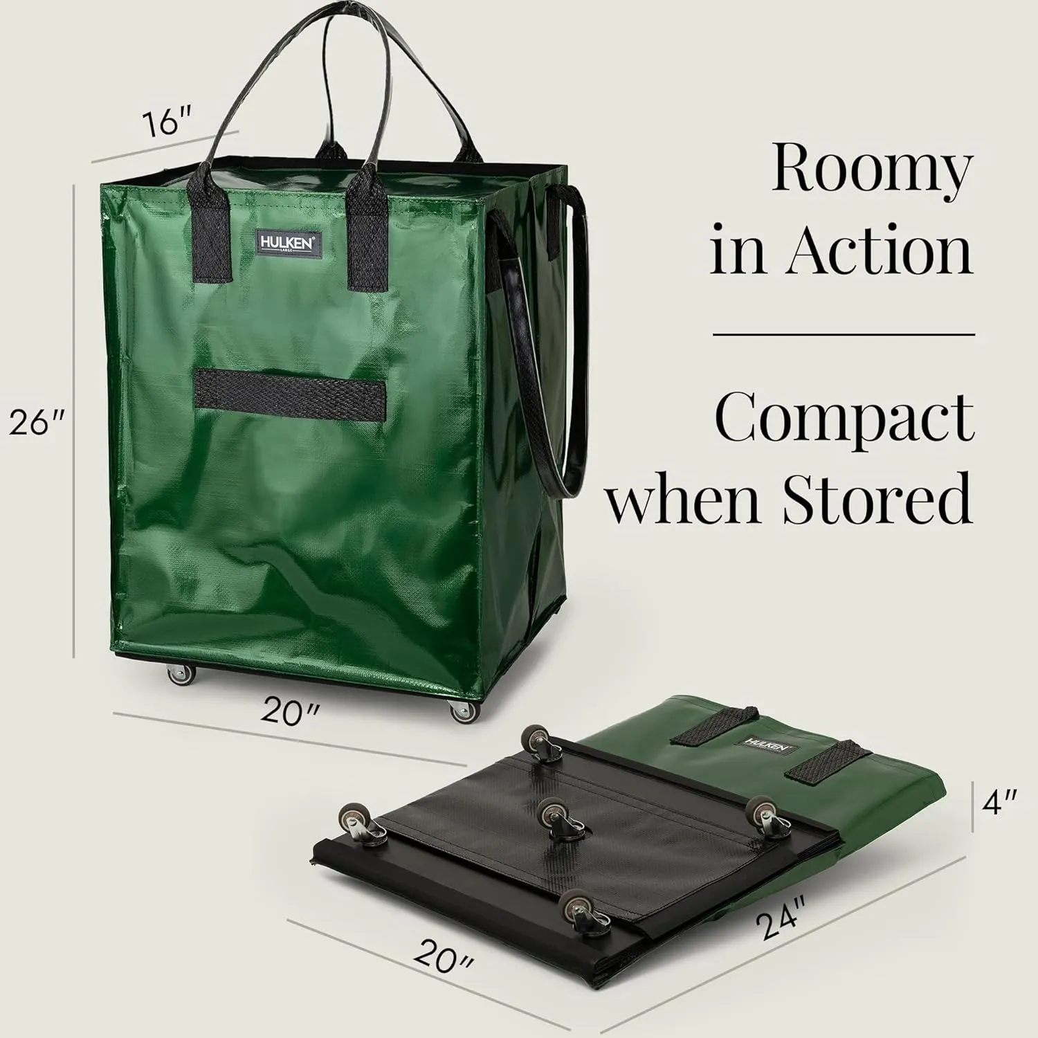 (Large, Forest Green Reusable Grocery Bag On Wheels, Shopping Trolley, Rolling Tote, Zipper Closure, Lightweight, Carries Up to 66 lb, Folds Flat, Unbreakable Handles