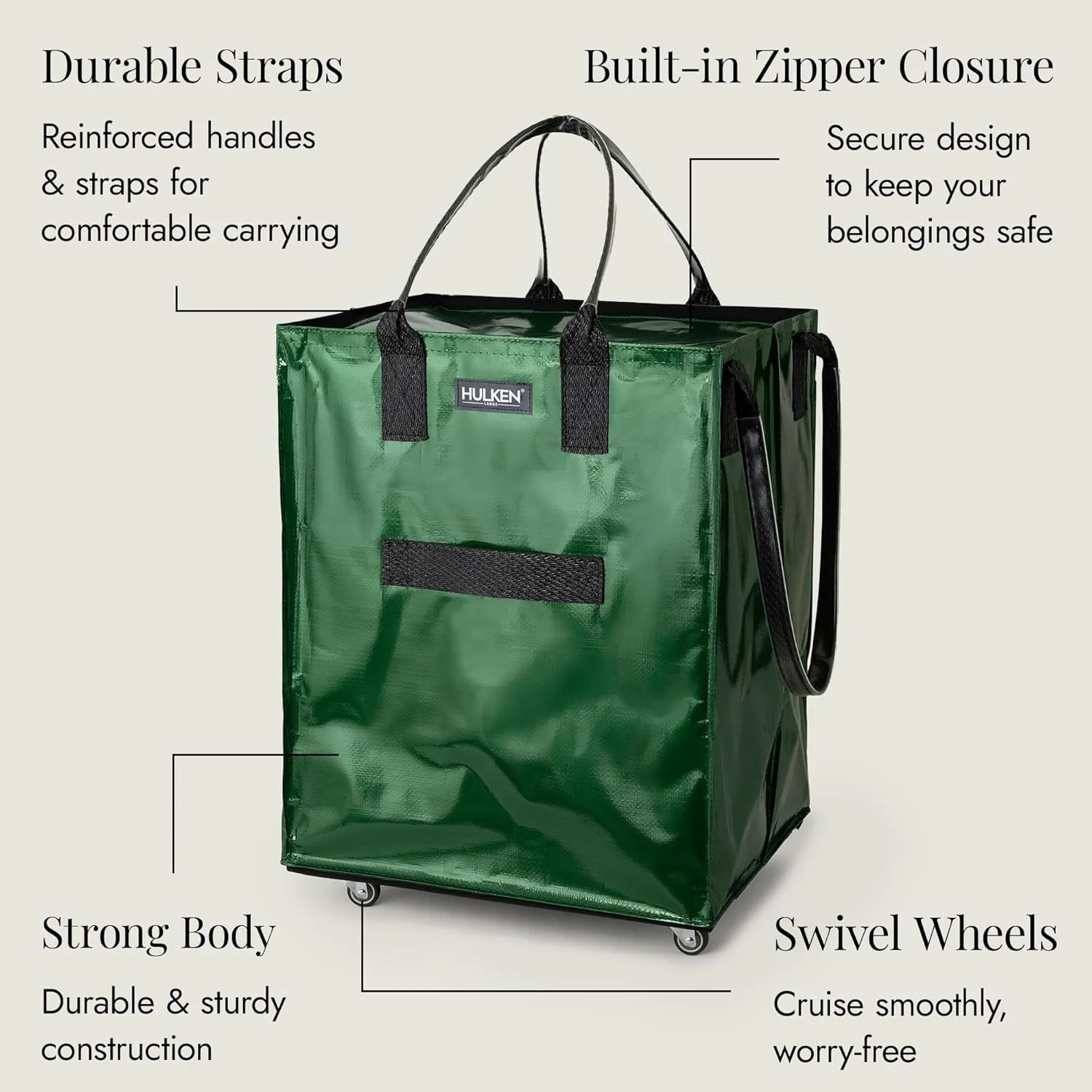 (Large, Forest Green Reusable Grocery Bag On Wheels, Shopping Trolley, Rolling Tote, Zipper Closure, Lightweight, Carries Up to 66 lb, Folds Flat, Unbreakable Handles