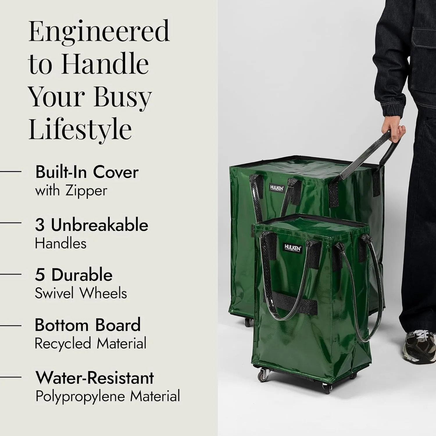 (Large, Forest Green Reusable Grocery Bag On Wheels, Shopping Trolley, Rolling Tote, Zipper Closure, Lightweight, Carries Up to 66 lb, Folds Flat, Unbreakable Handles