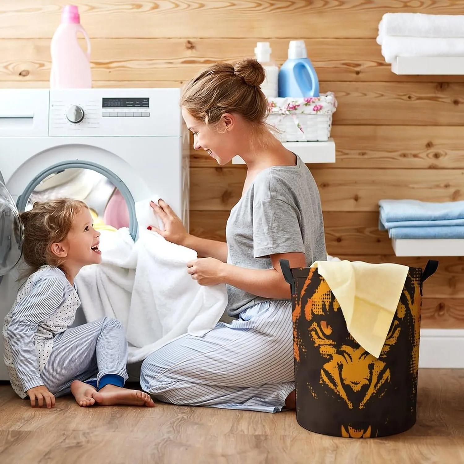 Laundry Hampers, Large Drawstring Laundry Bag, Removable Laundry Bags, Collapsible Storage Bin with Handles for Home Organization, Kids Room, Nursery Big Cats