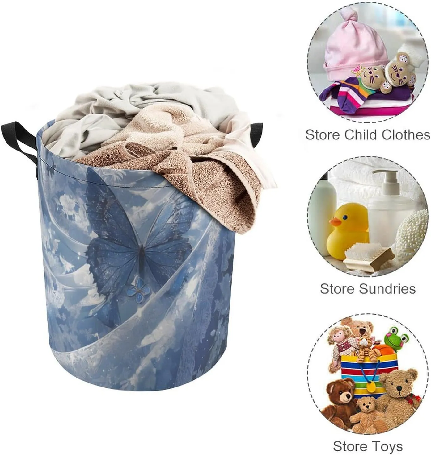Laundry Hampers, Large Drawstring Laundry Bag, Removable Laundry Bags, Collapsible Storage Bin with Handles for Home Organization, Kids Room, Nursery Butterfly