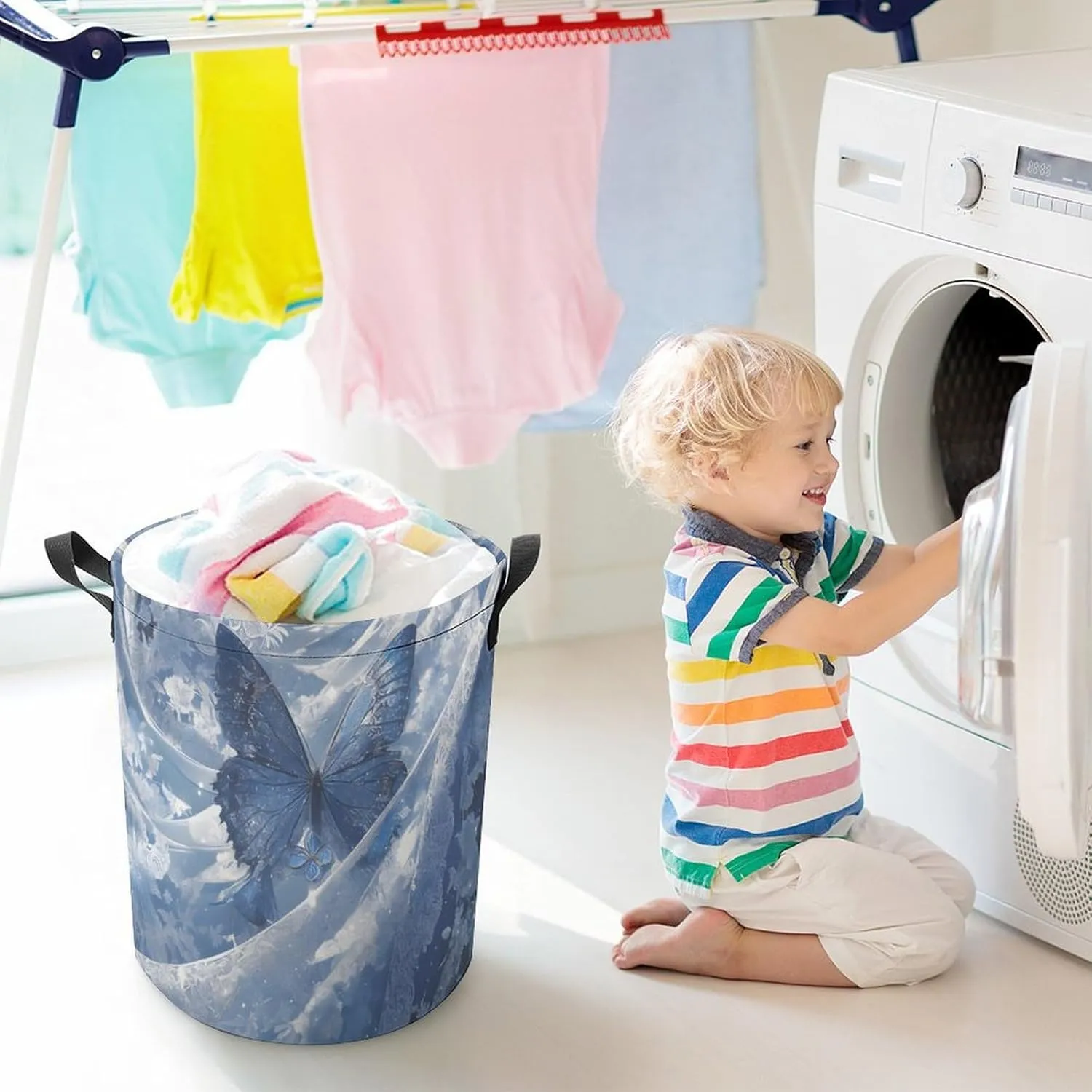 Laundry Hampers, Large Drawstring Laundry Bag, Removable Laundry Bags, Collapsible Storage Bin with Handles for Home Organization, Kids Room, Nursery Butterfly