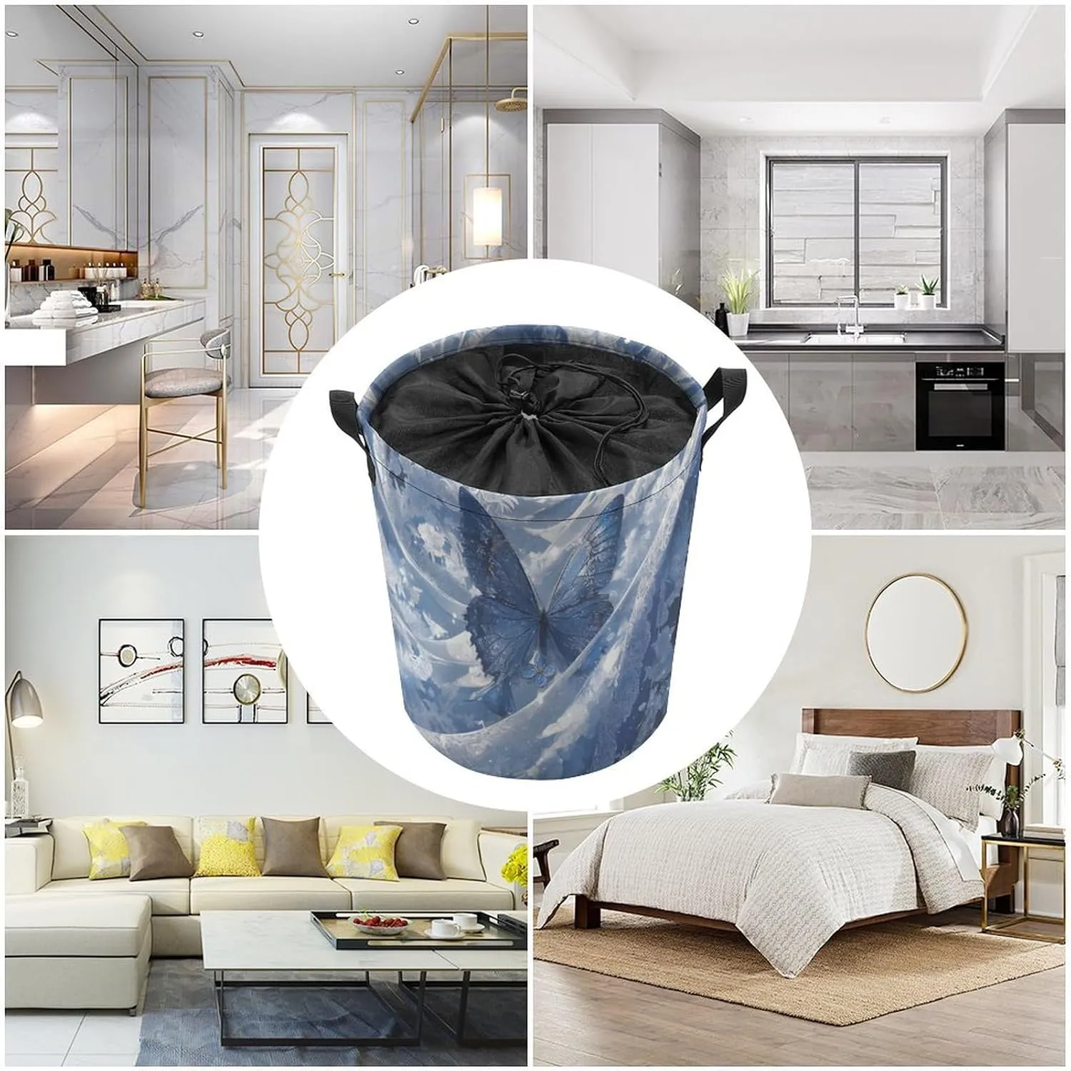 Laundry Hampers, Large Drawstring Laundry Bag, Removable Laundry Bags, Collapsible Storage Bin with Handles for Home Organization, Kids Room, Nursery Butterfly