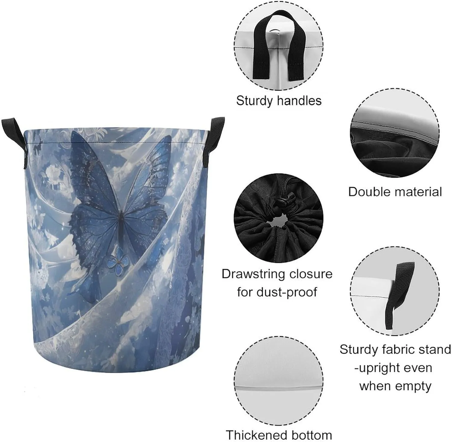 Laundry Hampers, Large Drawstring Laundry Bag, Removable Laundry Bags, Collapsible Storage Bin with Handles for Home Organization, Kids Room, Nursery Butterfly