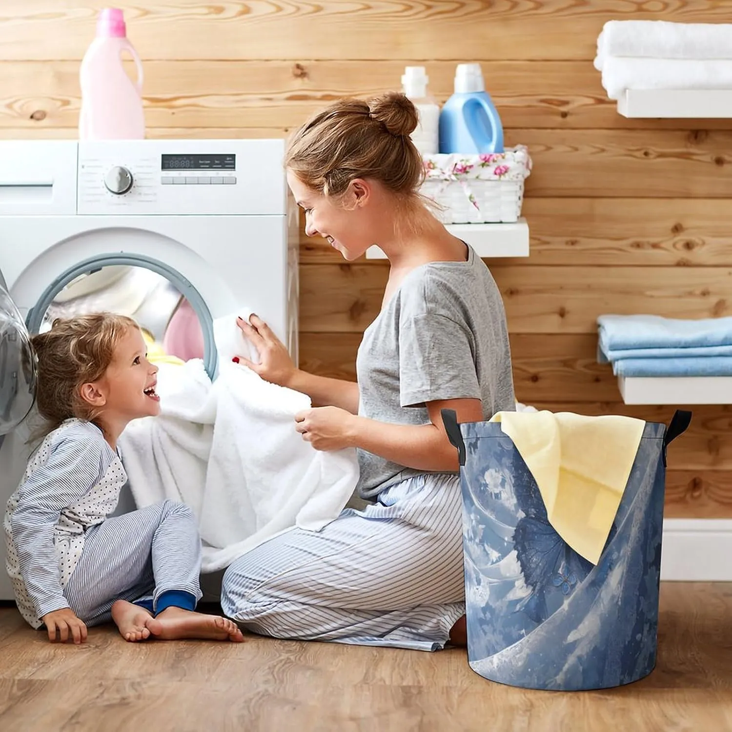 Laundry Hampers, Large Drawstring Laundry Bag, Removable Laundry Bags, Collapsible Storage Bin with Handles for Home Organization, Kids Room, Nursery Butterfly
