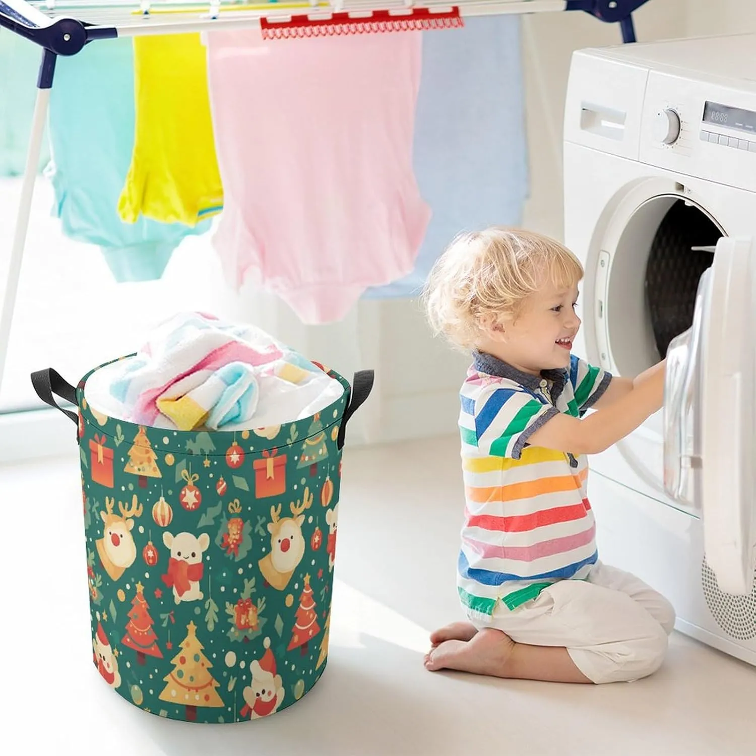 Laundry Hampers, Large Drawstring Laundry Bag, Removable Laundry Bags, Collapsible Storage Bin with Handles for Home Organization, Kids Room, Nursery Christmas Eve