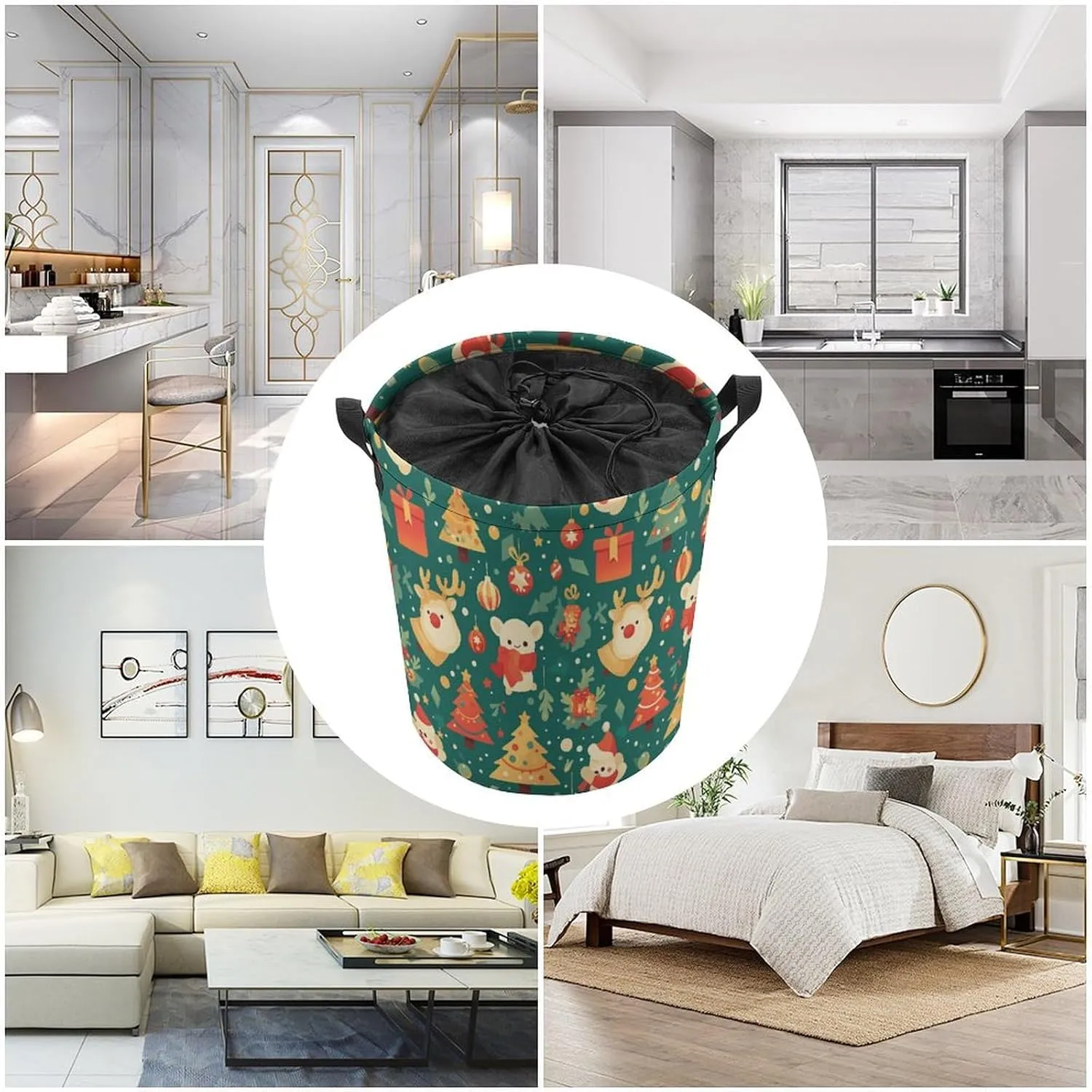 Laundry Hampers, Large Drawstring Laundry Bag, Removable Laundry Bags, Collapsible Storage Bin with Handles for Home Organization, Kids Room, Nursery Christmas Eve