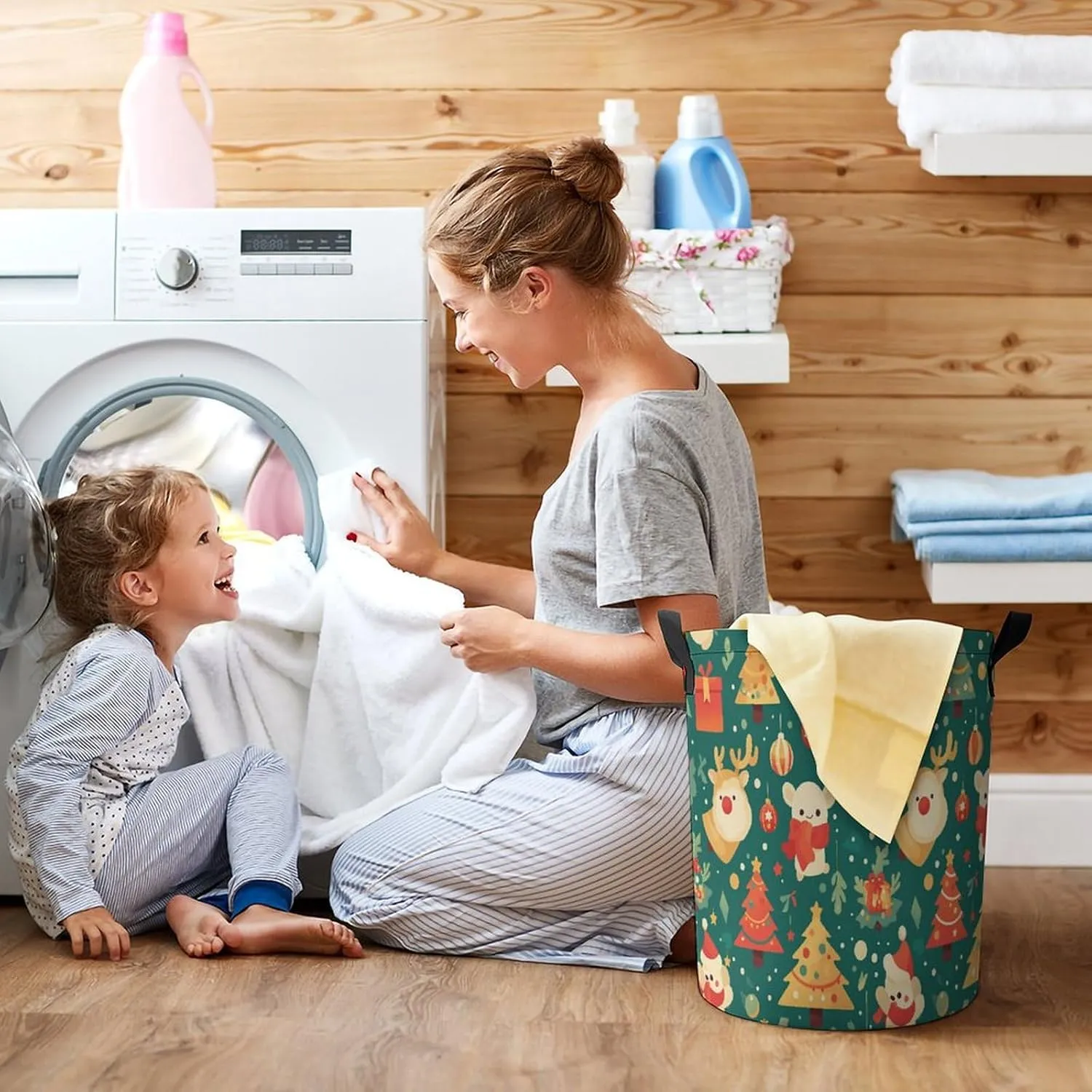 Laundry Hampers, Large Drawstring Laundry Bag, Removable Laundry Bags, Collapsible Storage Bin with Handles for Home Organization, Kids Room, Nursery Christmas Eve
