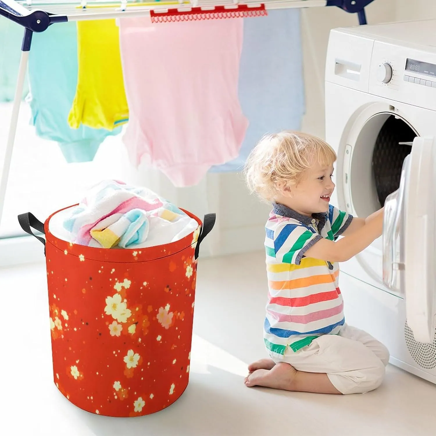 Laundry Hampers, Large Drawstring Laundry Bag, Removable Laundry Bags, Collapsible Storage Bin with Handles for Home Organization, Kids Room, Nursery Magenta
