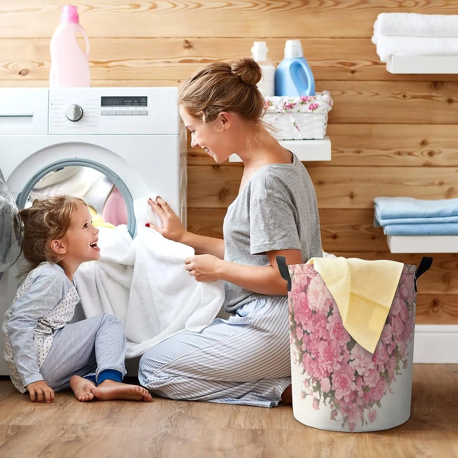 Laundry Hampers, Large Drawstring Laundry Bag, Removable Laundry Bags, Collapsible Storage Bin with Handles for Home Organization, Kids Room, Nursery Plant