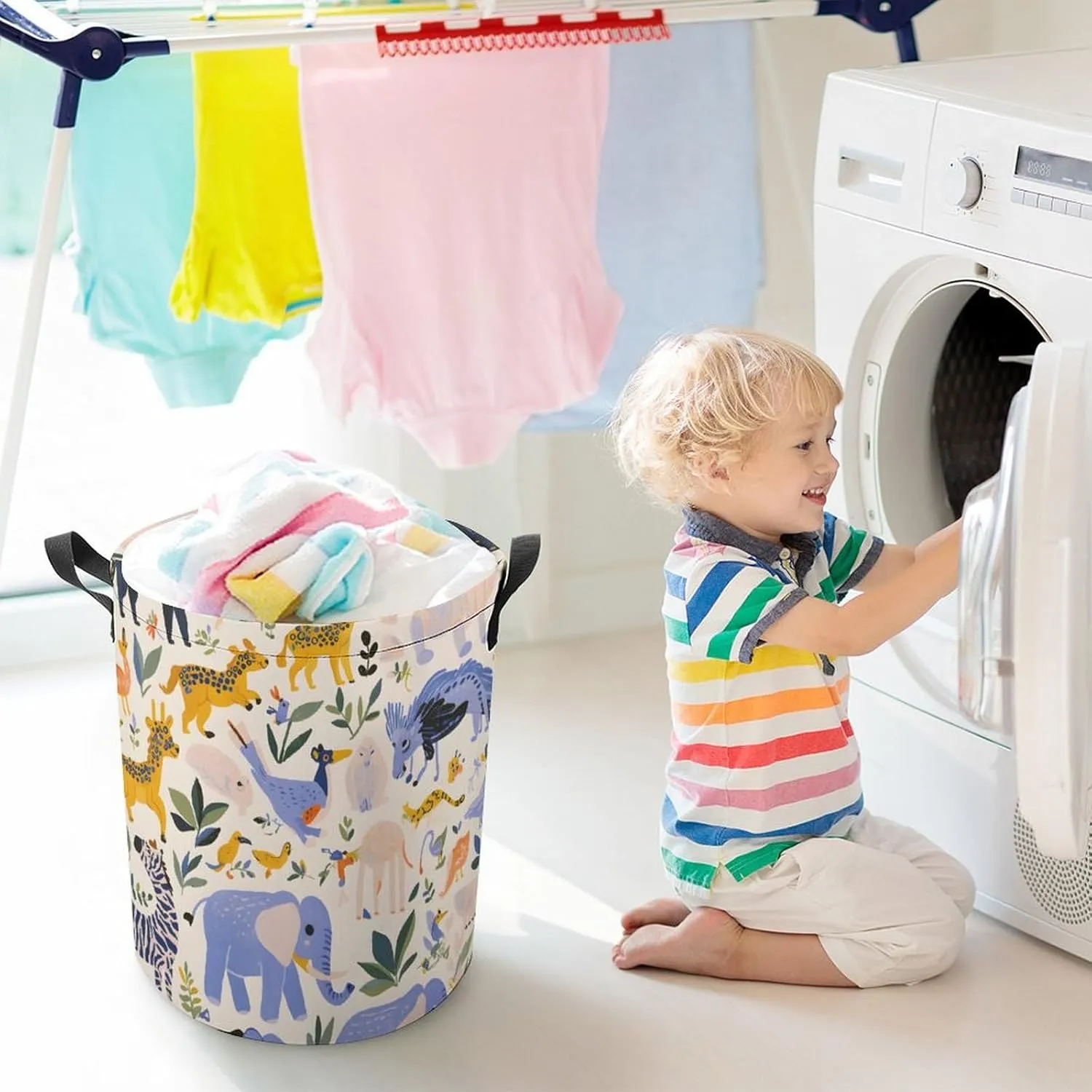 Laundry Hampers, Large Drawstring Laundry Bag, Removable Laundry Bags, Collapsible Storage Bin with Handles for Home Organization, Kids Room, Nursery Vertebrate