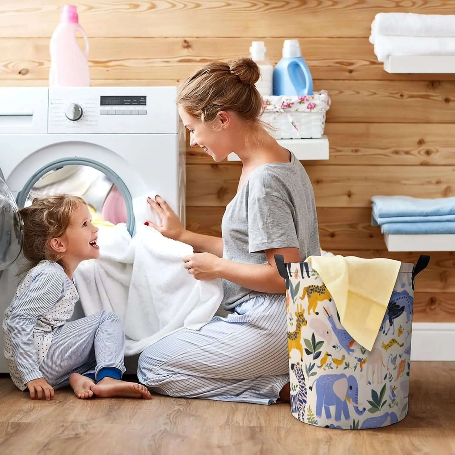 Laundry Hampers, Large Drawstring Laundry Bag, Removable Laundry Bags, Collapsible Storage Bin with Handles for Home Organization, Kids Room, Nursery Vertebrate