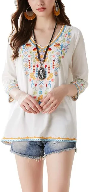 LauraKlein Women's Boho Embroidered Peasant Tops 3/4 Sleeve V Neck Mexican Bohemian Shirts Tunics Blouses