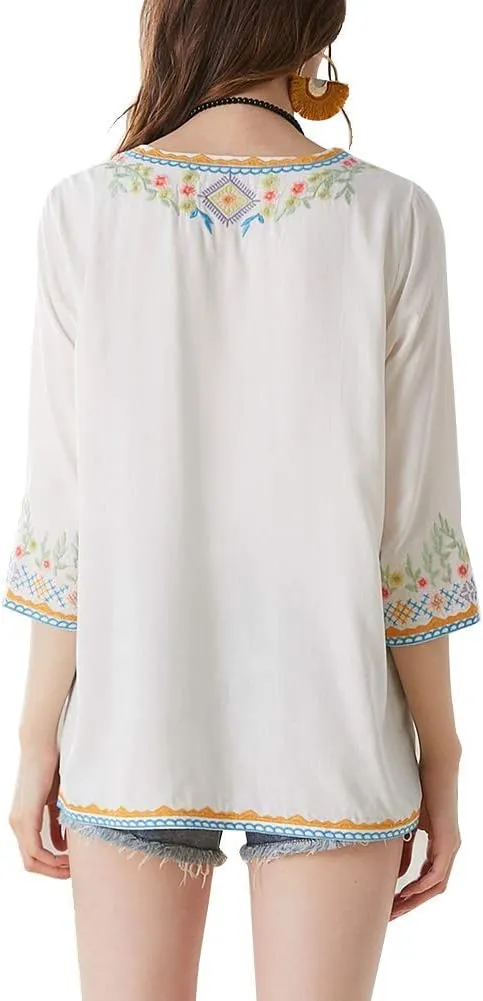 LauraKlein Women's Boho Embroidered Peasant Tops 3/4 Sleeve V Neck Mexican Bohemian Shirts Tunics Blouses