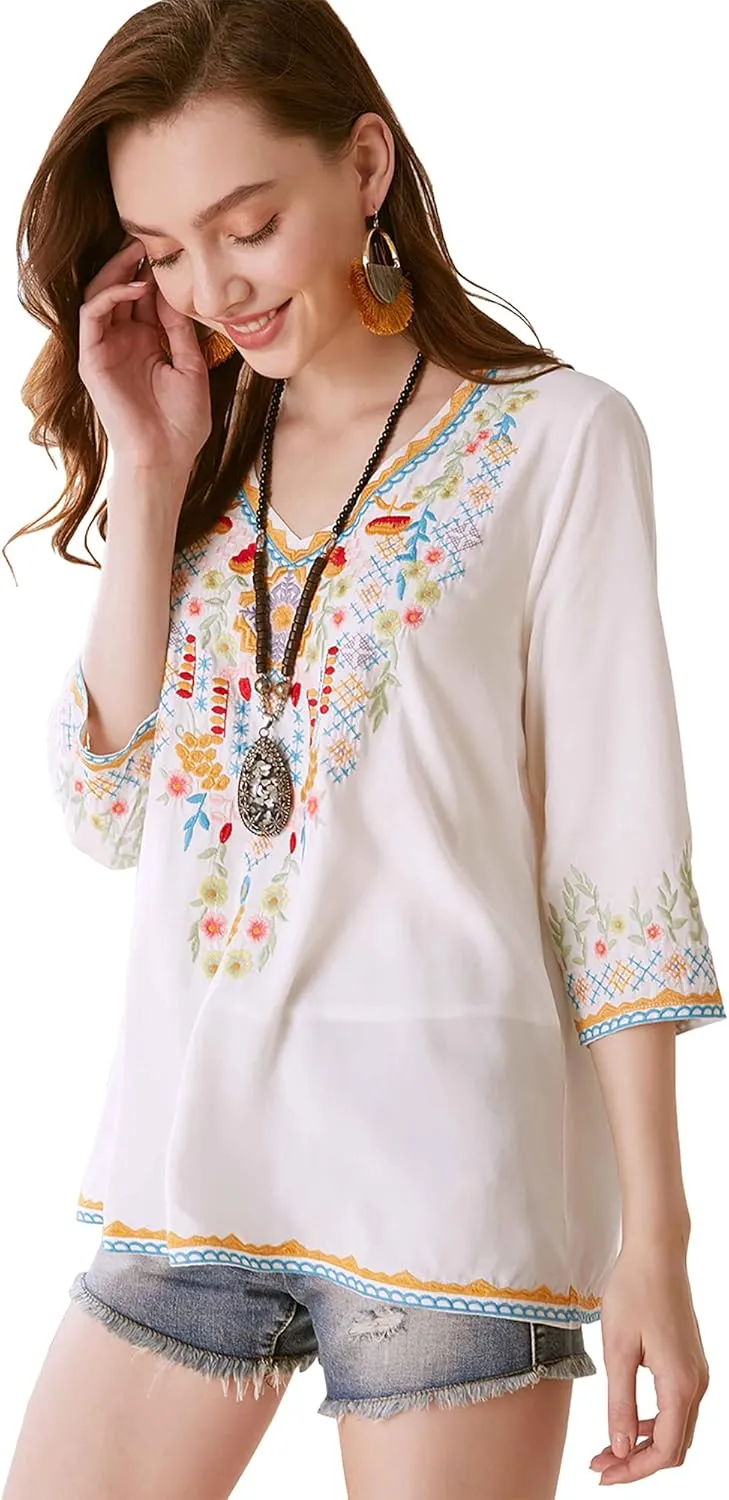LauraKlein Women's Boho Embroidered Peasant Tops 3/4 Sleeve V Neck Mexican Bohemian Shirts Tunics Blouses