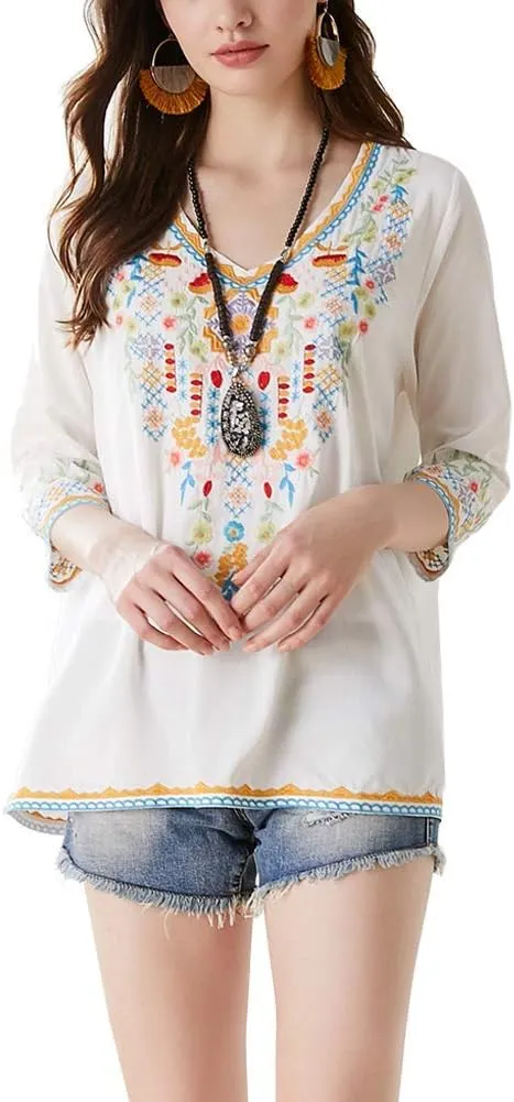 LauraKlein Women's Boho Embroidered Peasant Tops 3/4 Sleeve V Neck Mexican Bohemian Shirts Tunics Blouses