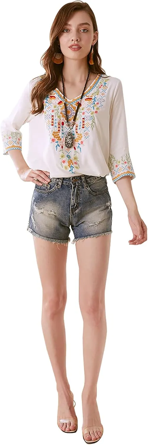 LauraKlein Women's Boho Embroidered Peasant Tops 3/4 Sleeve V Neck Mexican Bohemian Shirts Tunics Blouses