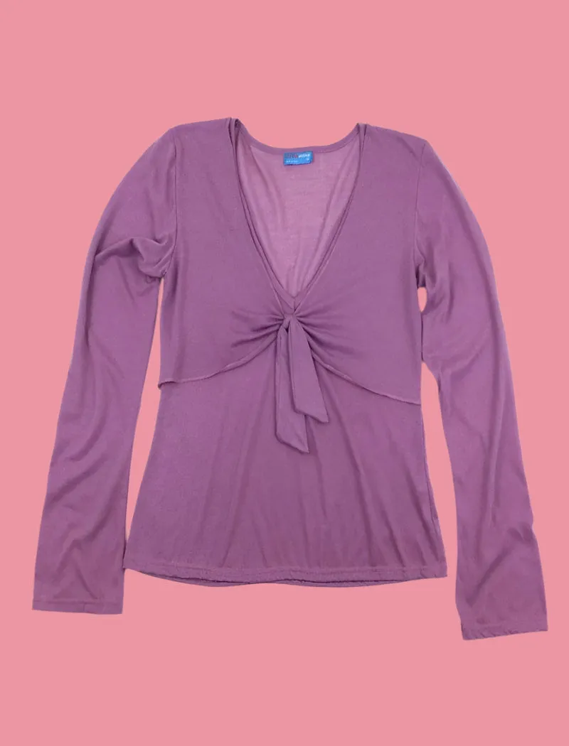 Lavender v-neck tie front long sleeve lightweight stretch top