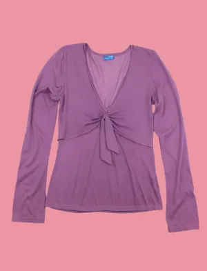 Lavender v-neck tie front long sleeve lightweight stretch top