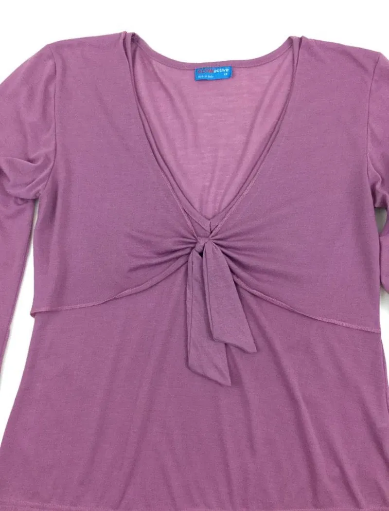 Lavender v-neck tie front long sleeve lightweight stretch top