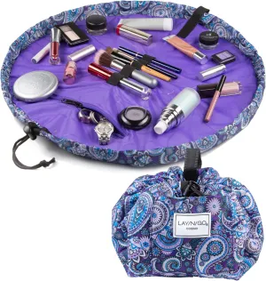 Lay-n-Go Cosmo Drawstring Cosmetic & Makeup Bag Organizer - Portable Drawstring Makeup Bag w/Zipper Pocket, Makeup Loops & More - Durable, Machine Washable Toiletry Bag (20", Purple Paisley)