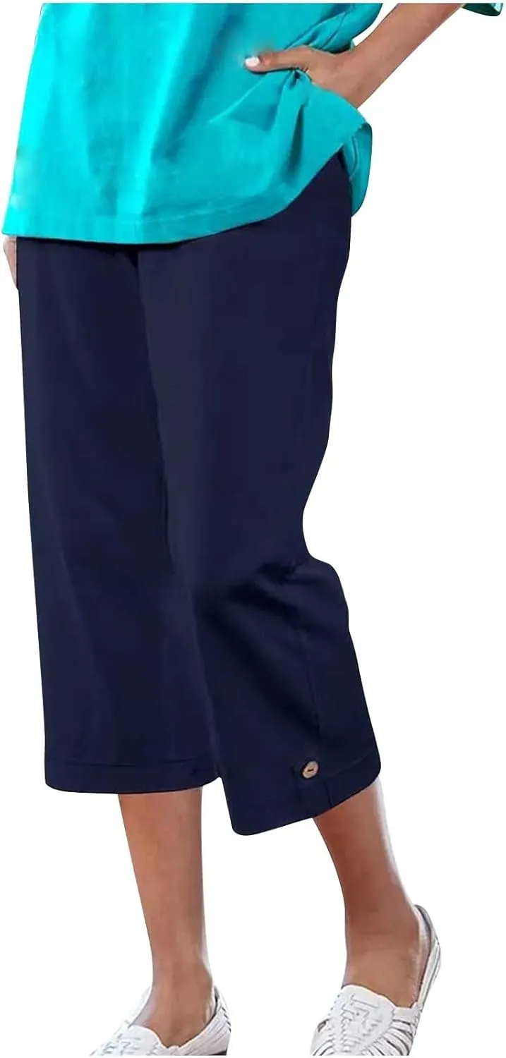 Linen Capri Pants for Women High Waisted Straight Leg Palazzo Trousers Lightweight Beach Lounge Pants with Pockets